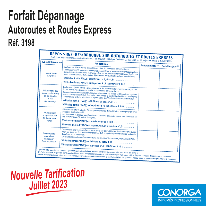 Affichage Tarifaire Dépannage/Remorquage - Autoroutes et Routes Express