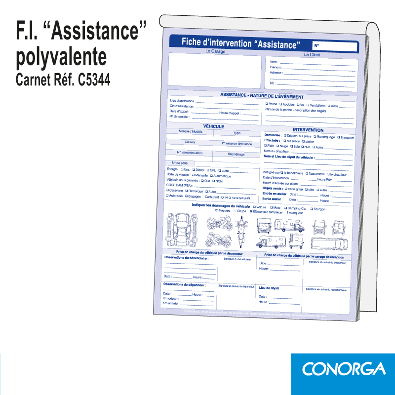 Carnet Fiche d'Intervention Assistance Polyvalent Véhicule de 50 liasses triplicatas A4