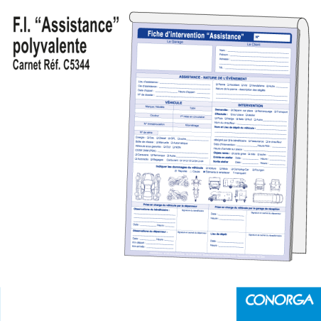 Carnet Fiche d'Intervention Assistance Polyvalent Véhicule de 50 liasses triplicatas A4