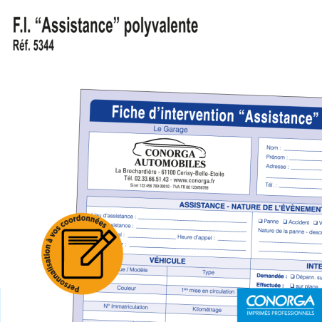 Fiche d'Intervention Assistance Polyvalent Véhicule Personnalisée en liasse A4 triplicata