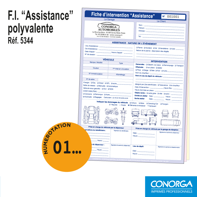 Fiche d'Intervention Assistance Polyvalent Véhicule Personnalisée en liasse A4 triplicata