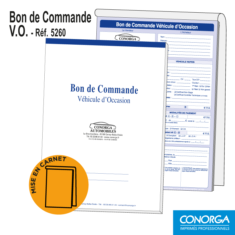 Carnet Bon de Commande V.O. Personnalisé en liasses triplicatas autocopiantes
