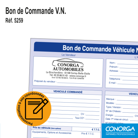 Bon de Commande V.N. Personnalisé en liasses triplicatas autocopiantes