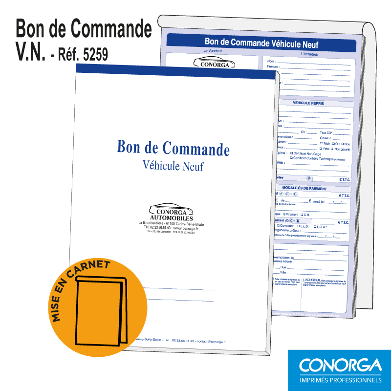 Carnet Bon de Commande V.N. Personnalisé en liasses triplicatas autocopiantes