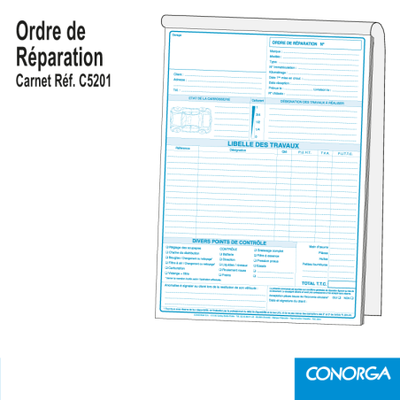 Carnet Ordre de Réparation Voiture A4 en liasses duplicatas ou triplicatas autocopiantes