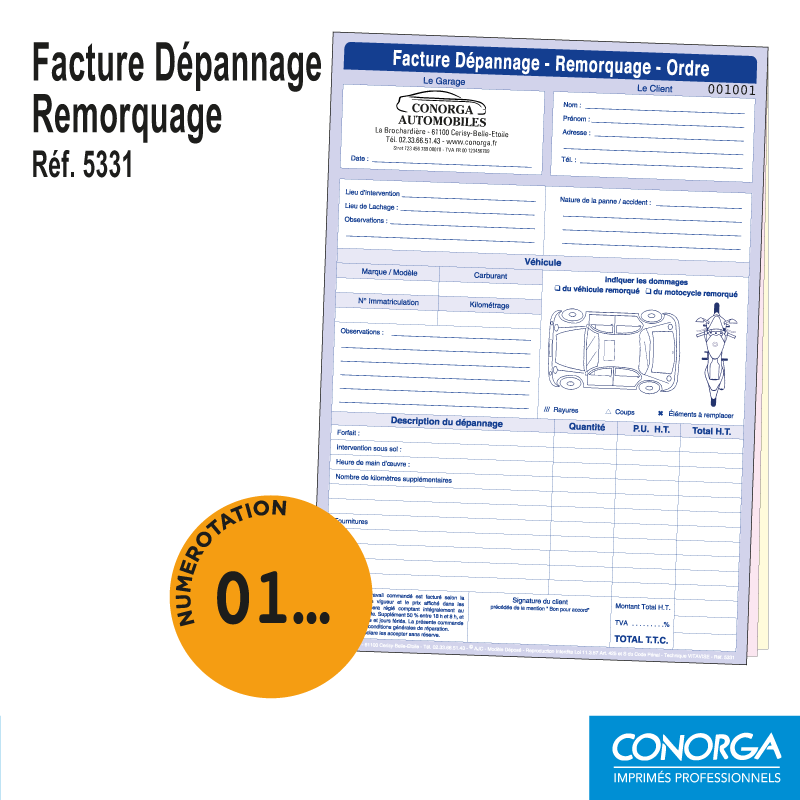 Facture Dépannage Remorquage Personnalisée numérotée