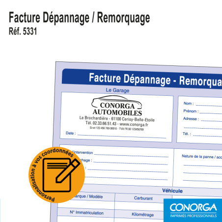 Facture Dépannage Remorquage Personnalisée avec vos coordonnées et votre logo