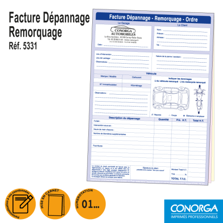 Facture Dépannage Remorquage Personnalisée en liasses triplicatas