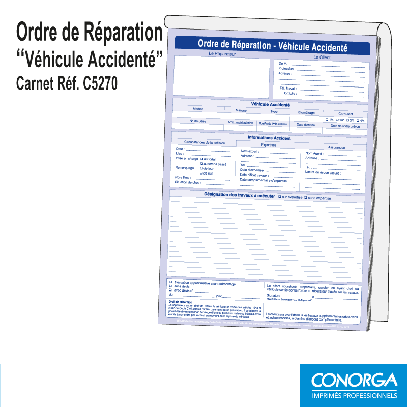 Carnet Ordre de Réparation Véhicule Accidenté Standard