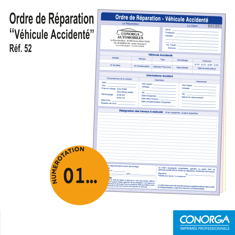 Ordre de Réparation Véhicule Accidenté Personnalisé numéroté