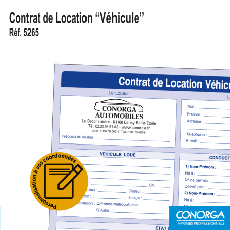 Contrat de Location Véhicule Personnalisé - Impression de vos coordonnées et logo