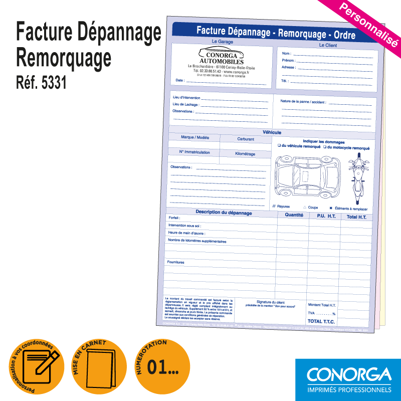 Facture Dépannage Remorquage Personnalisée en liasses triplicatas