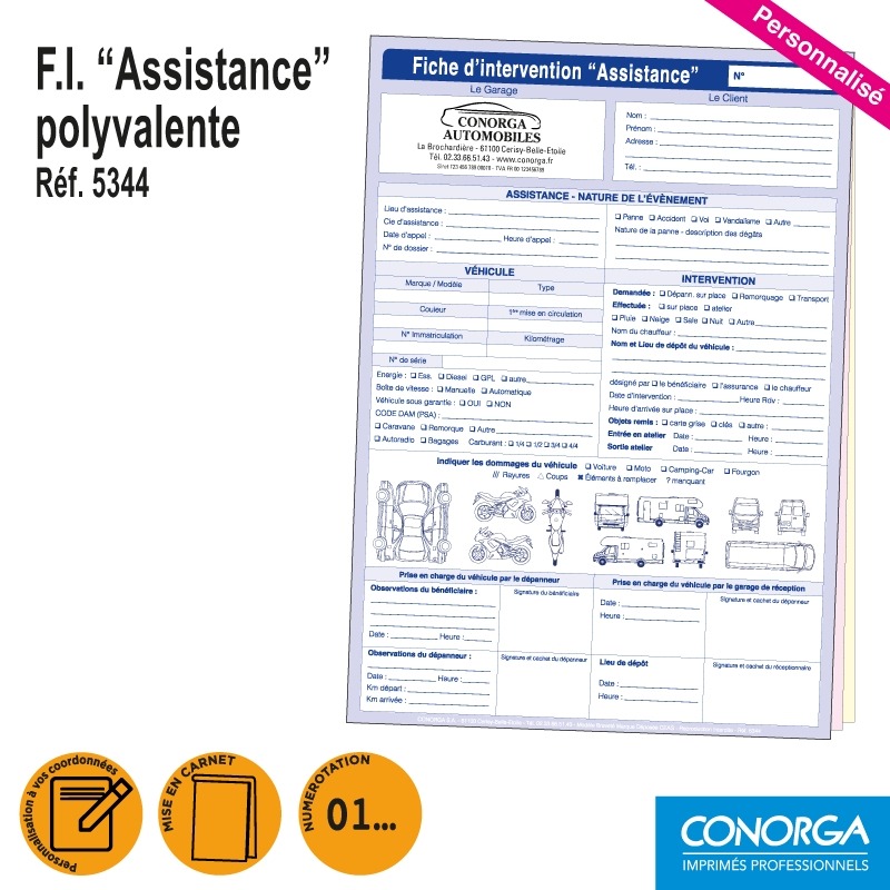 Fiche d'Intervention Assistance Polyvalent Véhicule Personnalisée en liasse A4 triplicata