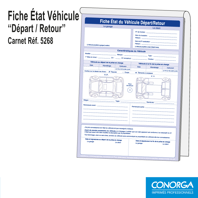 Carnet Fiche État Véhicule Départ/Retour Autocopiant