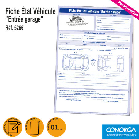 Fiche Etat Véhicule Entrée Garage Personnalisée - Liasses A4 Autocopiantes