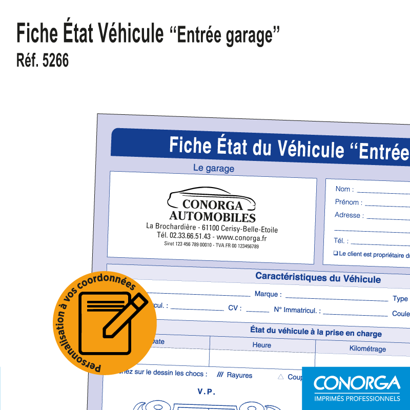 Fiche Etat Véhicule Entrée Garage Personnalisée - Impression de vos coordonnées et votre logo