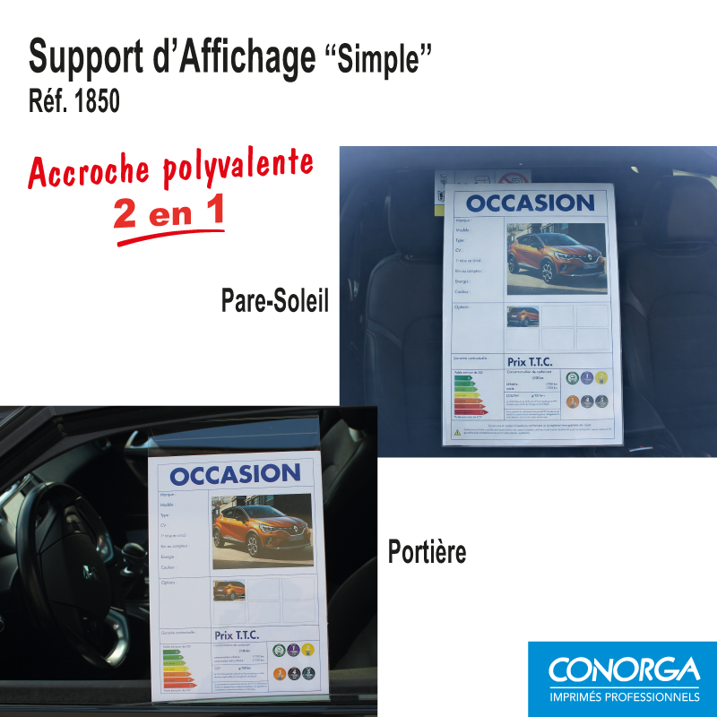 Support d'Affichage polyvalent : s'accroche au Pare Soleil de la voiture ou se coince dans la fente de la vitre portière.