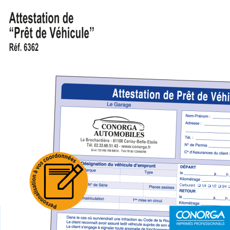 Attestation de Prêt de Véhicule - Impression de votre logo et de vos coordonnées