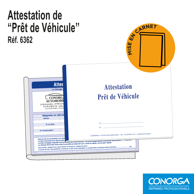 Attestation de Prêt de Véhicule Personnalisée - Mise en carnet de 50 liasses