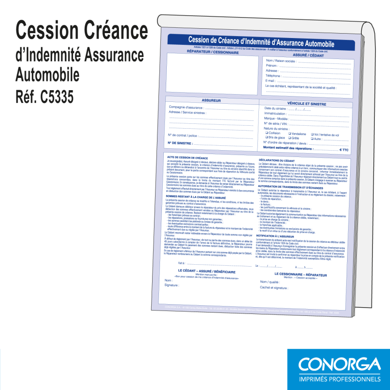 Carnet de 50 liasses Cession de Créance d'Assurance Automobile triplicatas autocopiantes