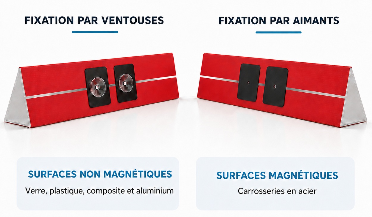 Deux système de fixation pour affichage de toit : ventouses et aimants